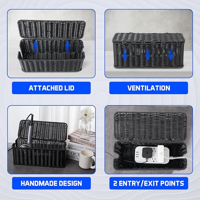 Cable Management Box, Handmade Rattan Cable Organizer with 2 Open Slots, Cord Hider for Power Strip, Router & USB Hub, Registered U.S. Design Patent (D1,112,102), 13" x 5.1" x 5.1", Black - Image 5