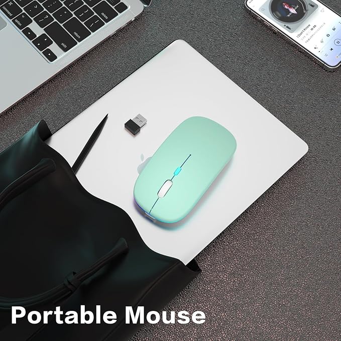 Wireless Bluetooth Mouse - Rechargeable Laptop Mice - with LED Lights,Dual Mode(Bluetooth 5.2 & Portable USB 2.4G) Connection,Silent Computer Mouse for Laptop,iPad,Tablet,MacBook,& PC(Green)
