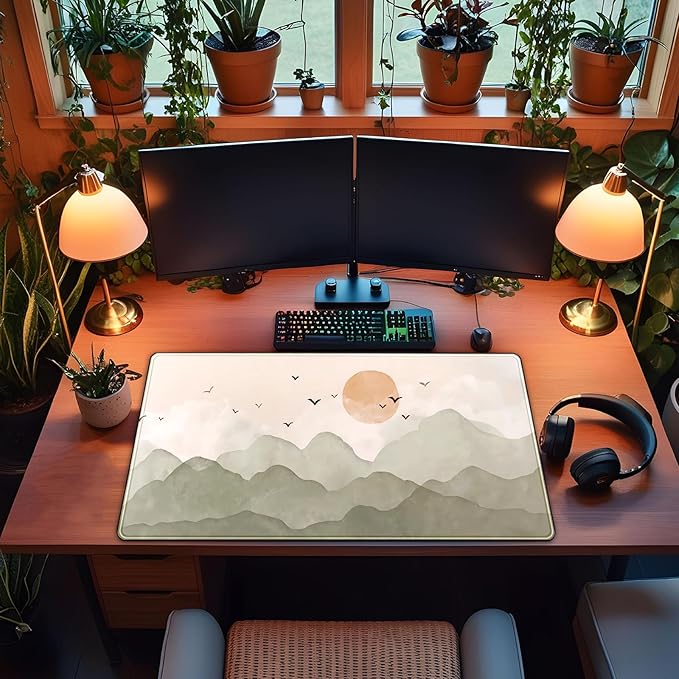 Nature Desk Mat 31.5''X15.7'' Large Mouse Pad Cute Boho Sage Green Beige Desk Pad Minimalist Extended Gaming Mousepad XXL Aesthetic Keyboard Mouse Mat for Computer Laptop Office Decor