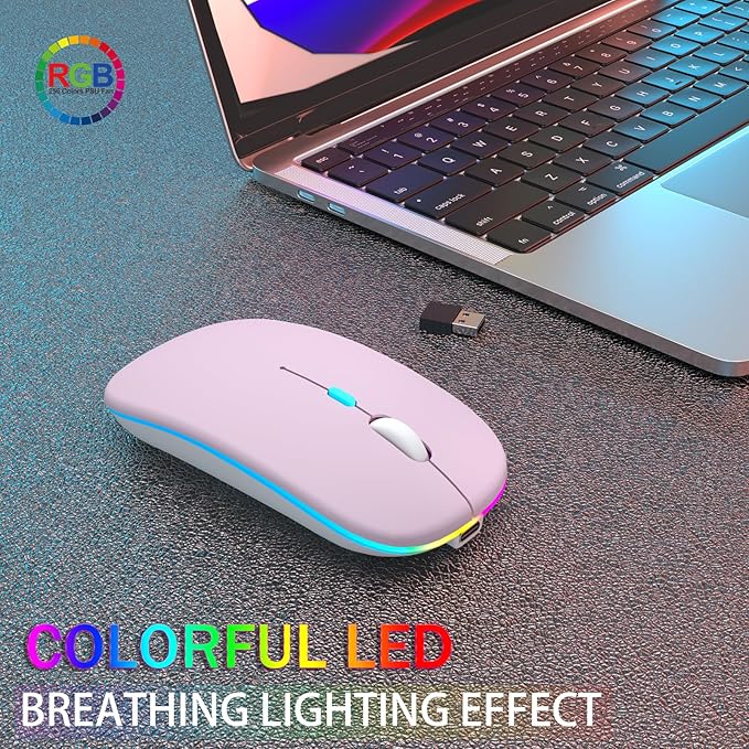 Wireless Bluetooth Mouse Rechargeable Laptop Mice with LED Use Portable(BT5.2 and USB 2.4G) Dual Mode Connection Silent Slim Computer Mouse for Laptop/iPad Tablet/Apple MacBook/PC (Pink)