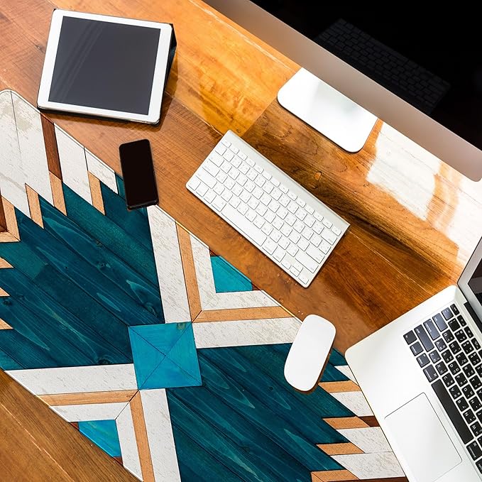 Western Mouse Pad, Western Desk Accessories, Blue Green Aztec Rug Desk Mat Retro Gaming Large Mouse Pad for Desk Vintage Computer Gifts for Cowboy Cowgirl Western Office Decor 31.5x11.8
