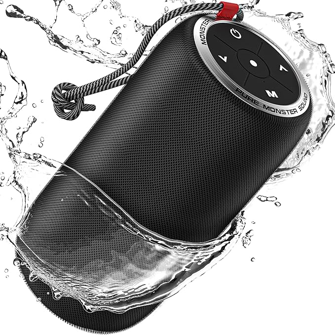 Monster S310 Upgraded Bluetooth Speaker, 30W Portable Speaker, 360° Stereo Sound with Punchy bass, TWS Pairing, IPX6 Waterproof, Bluetooth 5.2, 24H Playtime, Perfect for Home, Outdoor, Beach, Black