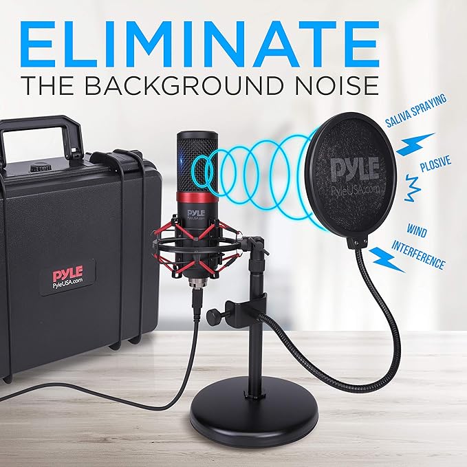 Pyle USB Microphone Podcast Recording Kit - Audio Cardioid Condenser Mic w/Shock Mount Stand & Pop Filter, for Gaming PS4, Streaming, Podcasting, Studio, YouTube, Works w/Windows PC Mac PDMIKT200
