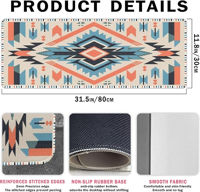Western Rug Mouse Pads Vintage Southwest Desk Mats for Computers, Retro XL Large Aztec Desk Accessories Office Decor Blue Orange Gaming Full Desks Computer Mat for Women Men 31.5x11.8