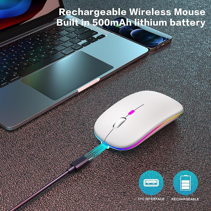 Wireless Bluetooth Mouse Rechargeable Laptop Mice with LED Use Portable(BT5.2 and USB 2.4G) Dual Mode Connection Silent Slim Computer Mouse for Laptop/iPad Tablet/Apple MacBook/PC(White)