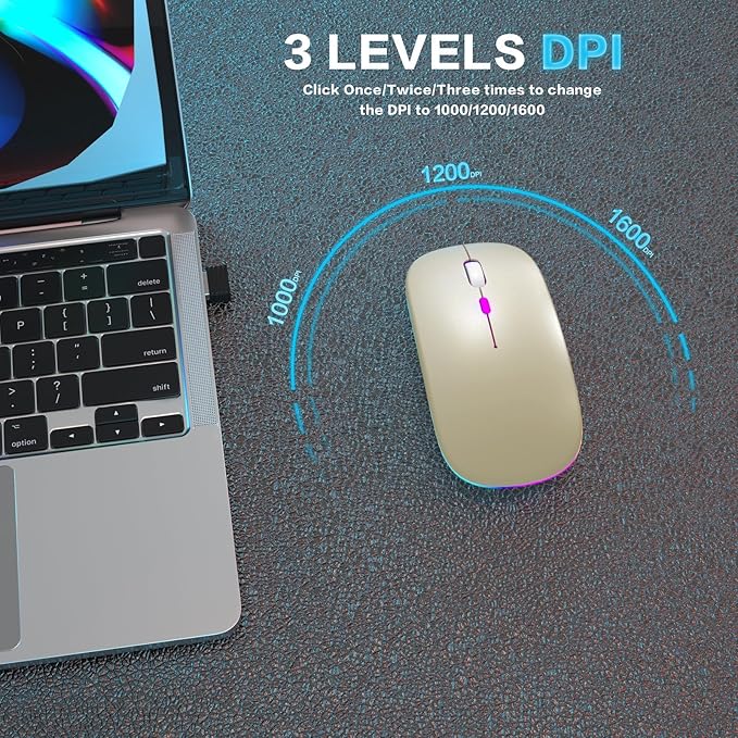 Wireless Bluetooth Mouse - Rechargeable Laptop Mice - with LED Lights,Dual Mode(Bluetooth 5.2 & Portable USB 2.4G) Connection,Silent - Computer Mouse for Laptop,iPad,Tablet,MacBook,& PC(Gold)