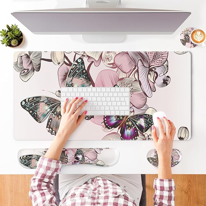 QIYI Leather Desk Mat Set, 4-in-1 Large Mouse Pad with Wrist Rest, Non-Slip Desk Pad + Keyboard Wrist Rest + Mouse Wrist Support + Coaster, Office Desk Accessories Home Decor Supplies, Butterflies