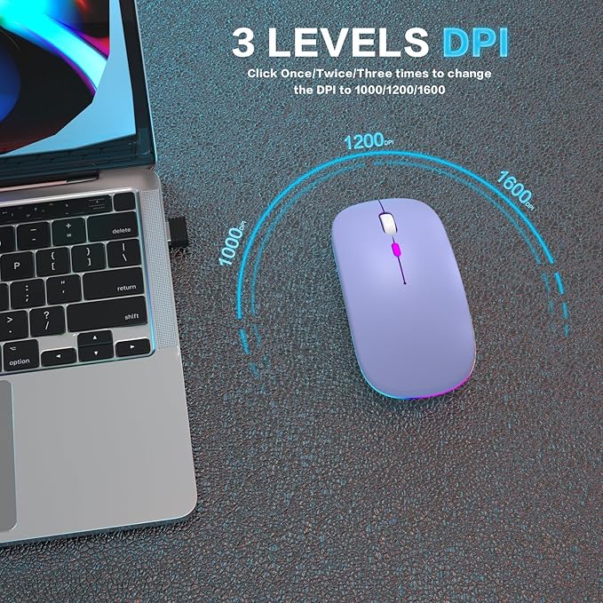 Wireless Bluetooth Mouse Rechargeable Laptop Mice with LED Use Portable(BT5.2 and USB 2.4G) Dual Mode Connection Silent Slim Computer Mouse for Laptop/iPad Tablet/Apple MacBook/PC (Purple)