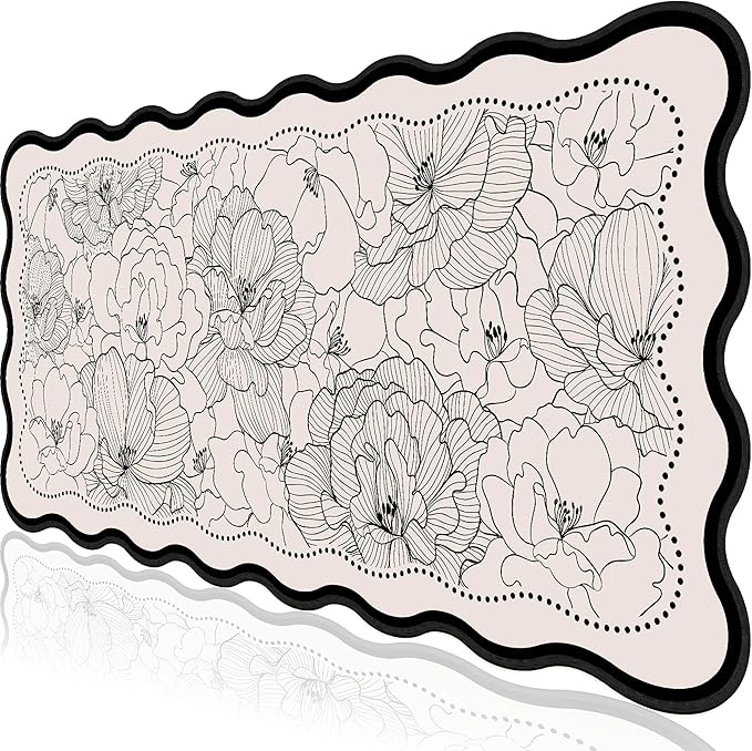 L-SPOUTTO Vintage Floral Mouse Pad,Aesthetic Scalloped Desk Mat XXL Large Gaming Mousepad,35.4x15.7in Non-Slip Keyboard Pad Waterproof Desktop Mat for Laptop Computer Work Game Home Office-Peony Beige