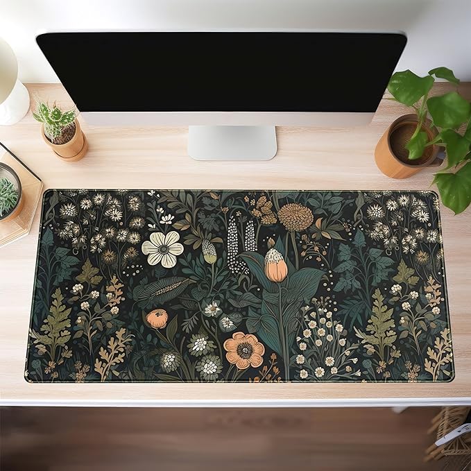 Dark Flower Desk Mat Floral Plants Mouse Pad, Aesthetic Wildflowers Large Gaming Mousepad Desk Pad, XXL Keyboard Mouse Mat Full Desktop Mat Women Office Desk Accessories Cover Mat 31.5"x15.75"