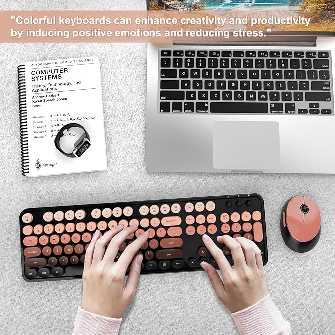 Wireless Keyboard and Mouse Combo, Ergonomic Full Size Typewriter Retro Round Keycaps Keyboard, Compatible with Windows, PC, Perfer for Home and Office Keyboards (Aurora Red)