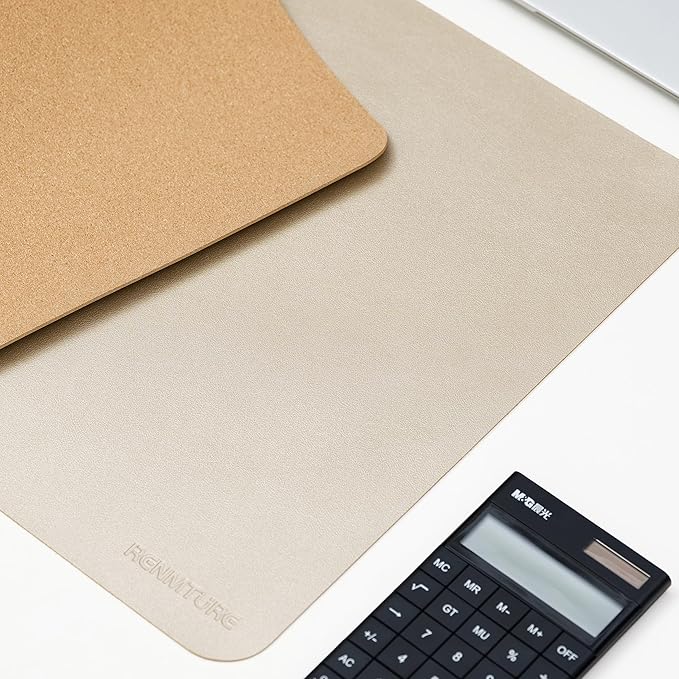 RENMTURE Dual-Sided Large Desk Pad, Faux Leather Natural Cork Mouse pad, Desk Accessories Protector, for Office and Home Work (Golden,36"x17")