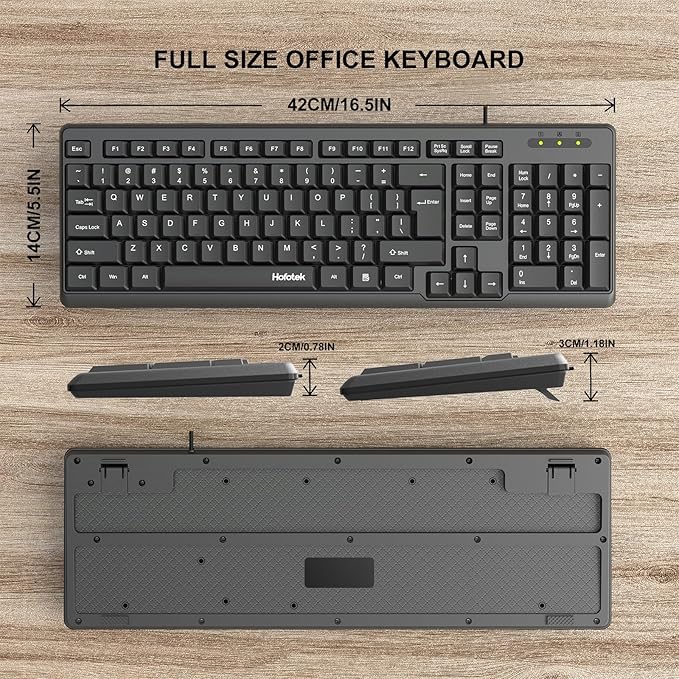 Wired Computer Keyboard, Full Size USB Quiet Keyboard with Number Pad,Slim Compact Soft Basic Laptop Keyboard for Windows PC Office Desktop (Black)
