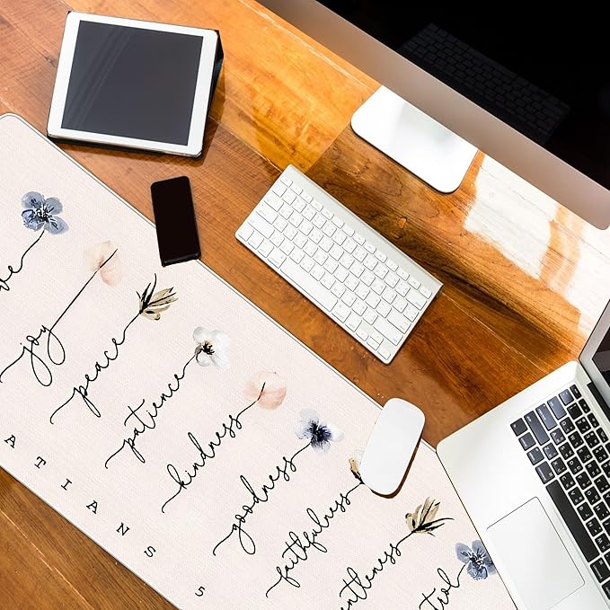 Light Pink Christian Mouse Pad Flroal Desk Mat Bible Verses Gakatians 5:22, Extended Large XL Church Desk Accessories Computer Mat for Office, Church Religious Gifts for Women 31.5x11.8