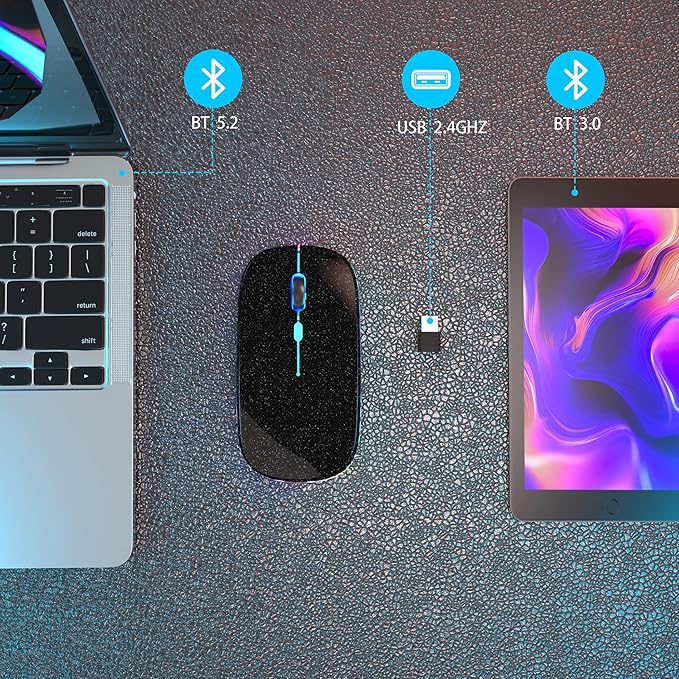 Wireless Bluetooth Mouse Rechargeable Laptop Mice with LED Use Portable(BT5.2 and USB 2.4G) Dual Mode Connection Silent Slim Computer Mouse for Laptop/iPad Tablet/Apple MacBook/PC(Pearl Black)
