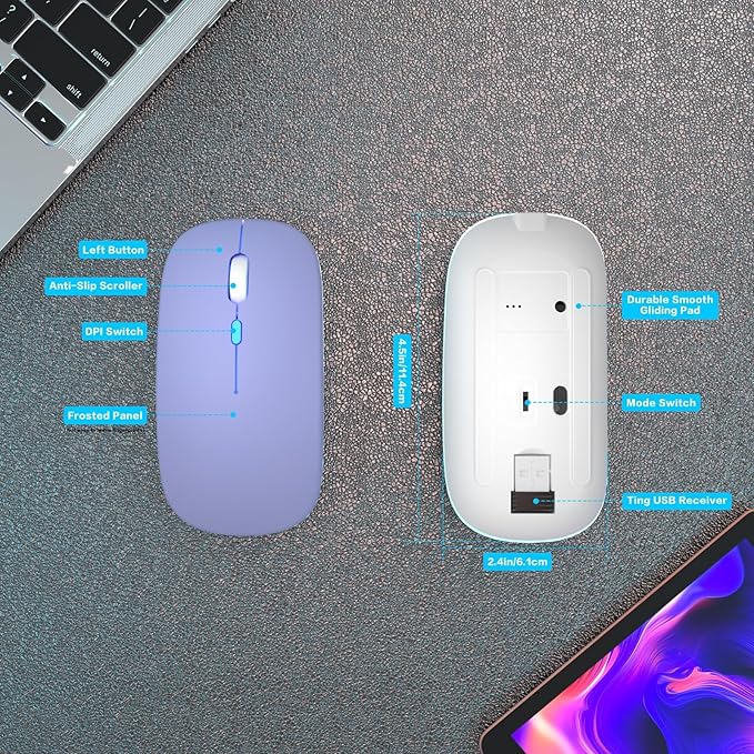 Wireless Bluetooth Mouse Rechargeable Laptop Mice with LED Use Portable(BT5.2 and USB 2.4G) Dual Mode Connection Silent Slim Computer Mouse for Laptop/iPad Tablet/Apple MacBook/PC (Purple)