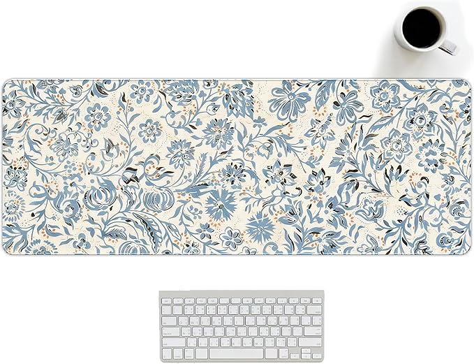 Blue Boho Mouse Pad Abstract Flroal Desk Mat, Spring Summer Mouse Pad for Desk Large, Blue and Beige Desktop Mats Aesthetic Computers Pads Flroal Decor for Desk Office Dorm Women 31.5x11.8
