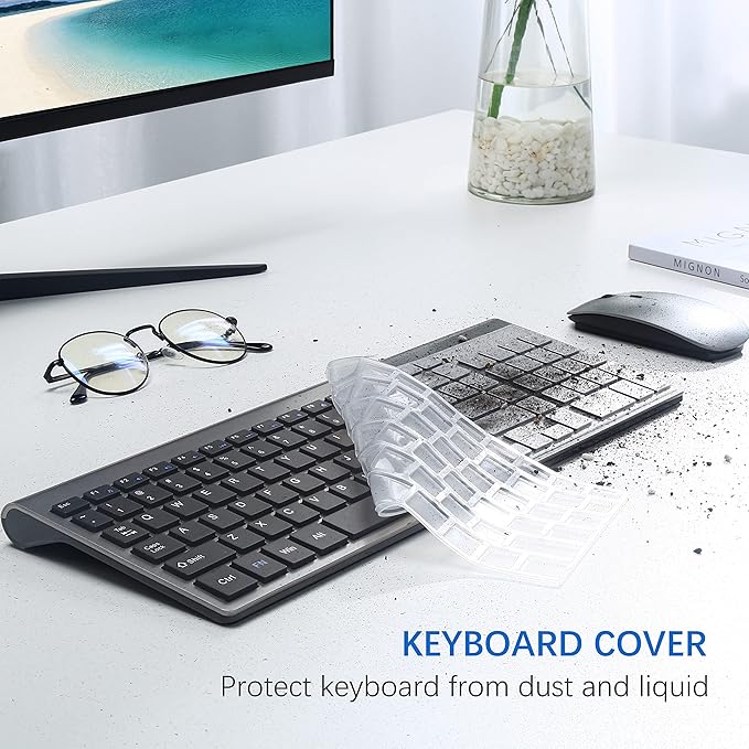 Wireless Keyboard and Mouse Ultra Slim Combo, TopMate 2.4G Silent Compact USB 2400DPI Mouse and Scissor Switch Keyboard Set with Cover, Batteries Included, for PC/Laptop/Windows/Mac - Gray Black