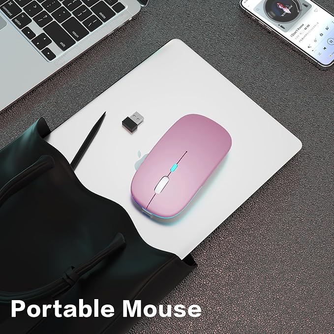 Wireless Bluetooth Mouse Rechargeable Laptop Mice with LED Use Portable(BT5.2 and USB 2.4G) Dual Mode Connection Silent Slim Computer Mouse for Laptop/iPad Tablet/Apple MacBook/PC (Rose Gold)