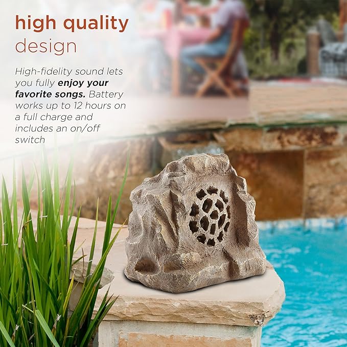 Alpine Corporation 11" Tall Solar Bluetooth Wireless Rock Speaker, Waterproof Outdoor Audio System - Portable Sound, High-Fidelity, 50-Foot Range, Brown