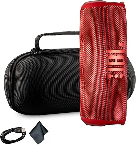 JBL Flip 6 Portable Wireless Speaker | Deep Bass Sound, IP67 Waterproof Rating | Bluetooth Audio for Outdoor, Travel, Beach, Hiking, and Home Use (Red) with Travel Case + Microfiber Cloth