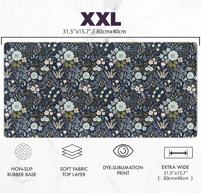 Blue Florals Desk Pad, Large Gaming Mouse Pad & Keyboard Mat, Laptop Computer Mat Desk Protector XXL, Vintage Office Desktop Decor 31.5"x15.75"