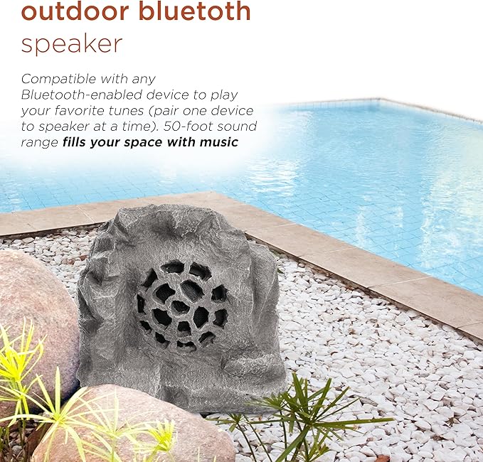 Alpine Corporation 11" Tall Waterproof Bluetooth Solar-Powered Wireless Rock Speaker with 50 Foot Range High-Fidelity Sound, and Portable Audio System, Gray