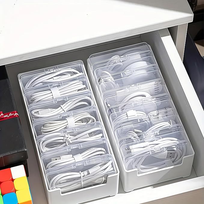 11 Box Cable Organizer Storage Box, Desktop Cable Management with Switch, Power Cord Organizer for Office,Home,Desk Accessories Storage Stationery Supplies and Accessories???Clear??? (11 Box) - Image 3
