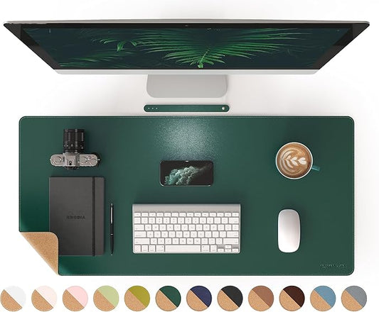 RENMTURE Dual-Sided Mouse Pad, Natural Cork & PU Leather Large Desk Pad for Office and Home Work, Desk Protector Non-Slip, Waterproof, Easy Clean (Dark Green, 36"x17")
