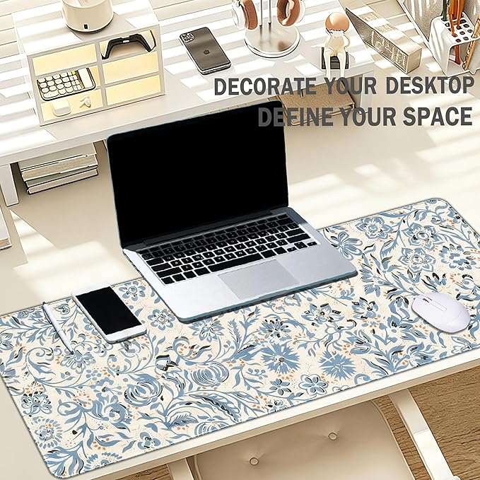 Blue Boho Mouse Pad Abstract Flroal Desk Mat, Spring Summer Mouse Pad for Desk Large, Blue and Beige Desktop Mats Aesthetic Computers Pads Flroal Decor for Desk Office Dorm Women 31.5x11.8