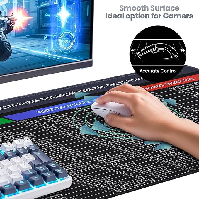 Excel Cheat Sheet Desk Pad, 31.5" x 11.8" Large Shortcuts Mouse Pad, Excel/Word/Power Point Computer Mat, Non-Slip Keyboard Shortcut and XL Gaming Desk Mat for Office Computer