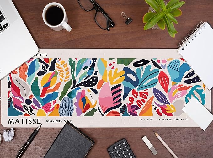 Abstract Floral Aesthetic Large Mouse Pad Matisse Boho Desk Mats, Pink Long Laptop Keyboard Mat Cute Gaming Desktop Mats for Desk, Flroal Desk Decor for Women Office 31.5x11.8