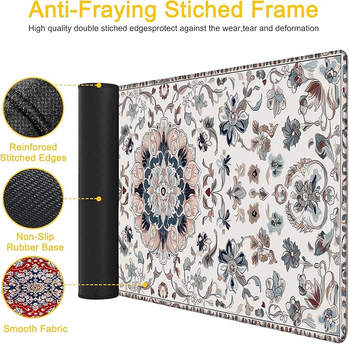 Desk Pad Gray Boho Floral Desk Mat for Keyboard and Mouse, Large XXL Gaming Mouse Pad with Stitched Edges for Work Game Office, 35.43 x 15.75 in