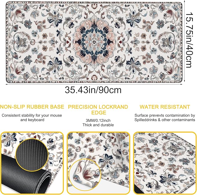 Desk Pad Gray Boho Floral Desk Mat for Keyboard and Mouse, Large XXL Gaming Mouse Pad with Stitched Edges for Work Game Office, 35.43 x 15.75 in