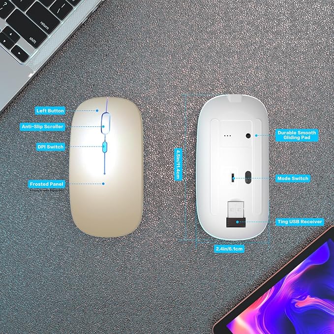 Wireless Bluetooth Mouse - Rechargeable Laptop Mice - with LED Lights,Dual Mode(Bluetooth 5.2 & Portable USB 2.4G) Connection,Silent - Computer Mouse for Laptop,iPad,Tablet,MacBook,& PC(Gold)