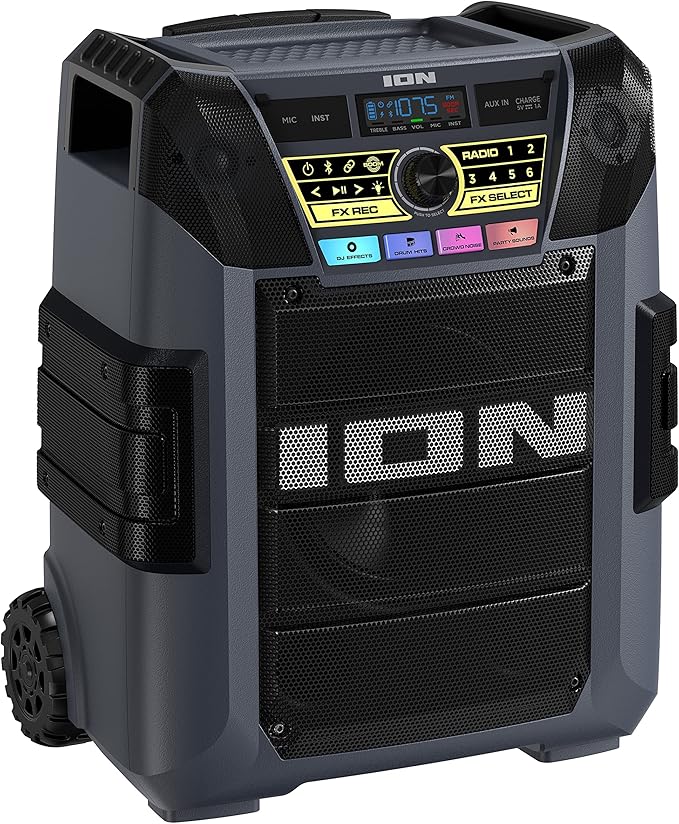 ION Block Rocker XL - Portable Bluetooth Outdoor Party Speaker, 220W, with Karaoke Microphone, Battery, 5 Speakers, Lights, Radio, USB Charging & App