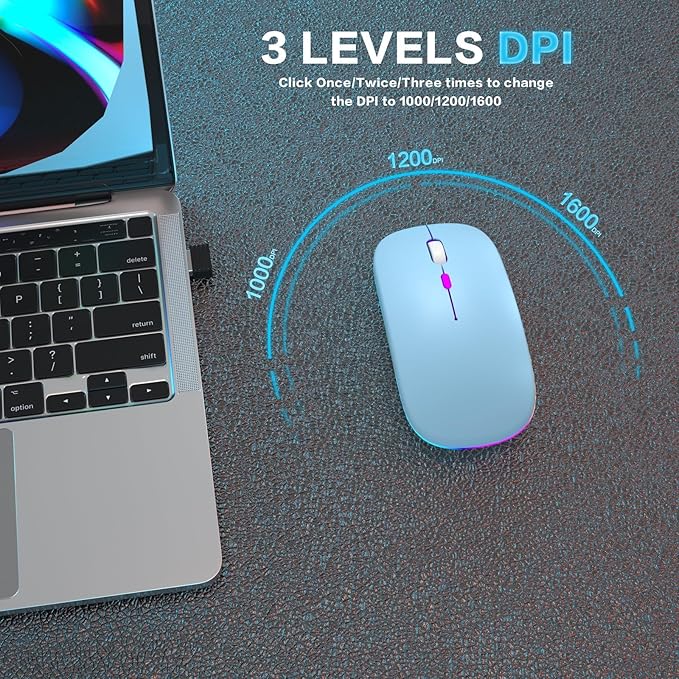 Wireless Bluetooth Mouse Rechargeable Laptop Mice with LED Use Portable(BT5.2 and USB 2.4G) Dual Mode Connection Silent Slim Computer Mouse for Laptop/iPad Tablet/Apple MacBook/PC(Blue)