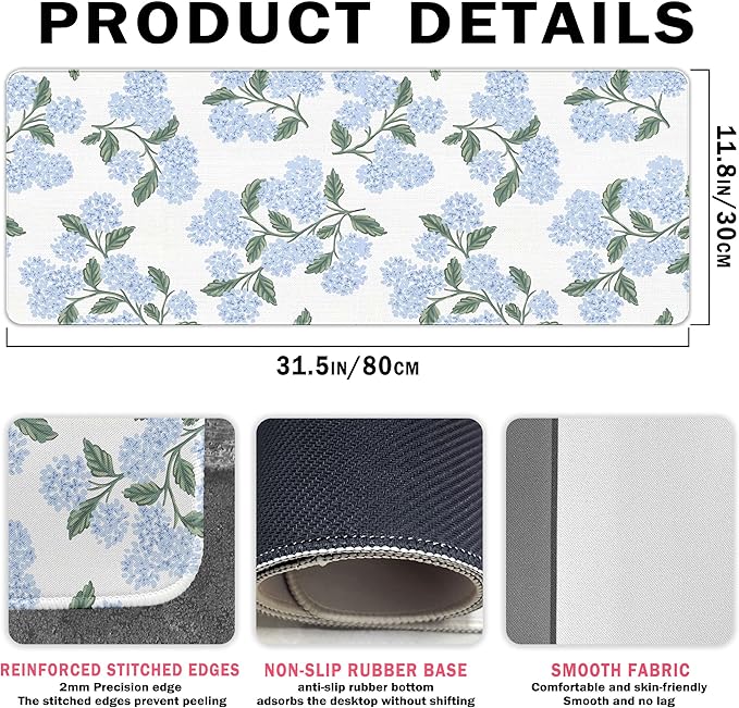 Blue Desk Mat, Hydrangea Mouse Pad Flroal Desk Matt for Desktop, Blue and White Extra Long Desks Mat Aesthetic Hydrangea Gifts Office Accessories for Women 31.5x11.8