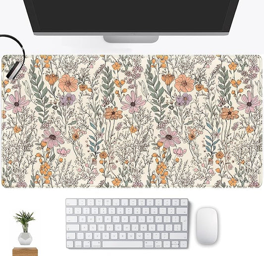 Wild Flowers Gaming Mouse Pad, Floral Cute Keyboard Mouse Mat, Full Desk Protector, Aesthetic Desk Decor 31.5"x15.75"