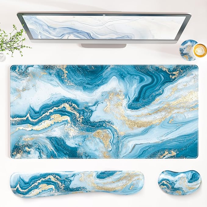 QiyI Leather Desk Mat Set, 4-in-1 Large Mouse Pad with Wrist Rest, Non-Slip Desk Pad + Keyboard Wrist Rest + Mouse Wrist Support + Coaster, Office Desk Accessories Home Decor Supplies, Blue Fluid Art