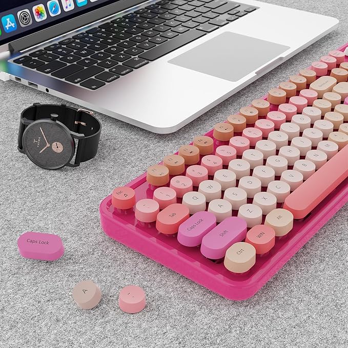 Wireless Keyboard and Mouse Combo, Ergonomic Full Size Typewriter Retro Round Keycaps Keyboard, Compatible with Windows, PC, Perfer for Home and Office Keyboards （Red）