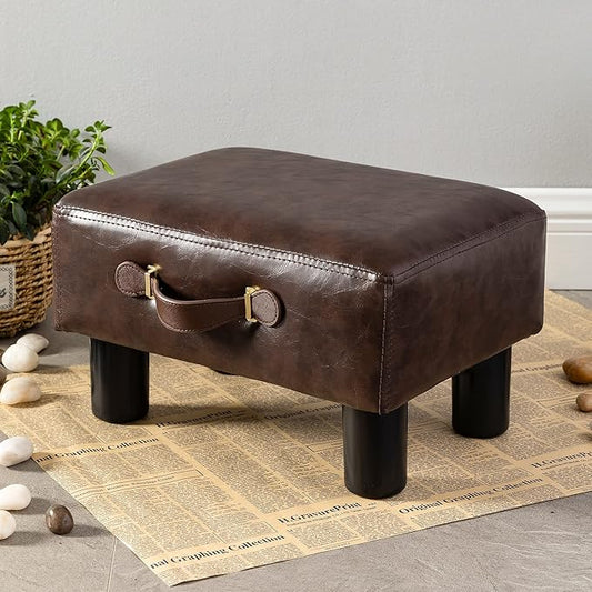 Small Foot Stool with Handle, Brown Faux Leather Short Foot Stool Rest, Rectangle Storage Foot Stools Ottoman with Plastic Legs, Padded Footstool Small Step Stool for Living Room, Office, Desk, Patio
