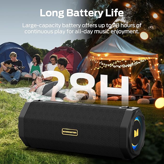 Monster Speaker S200 Wireless Portable Bluetooth Speaker, 24H Playtime, IPX6 Waterproof, 50W Stereo Sound, Bluetooth 5.4, Dual Bass Speakers, Perfect for Home, Parties, and Travel.Black
