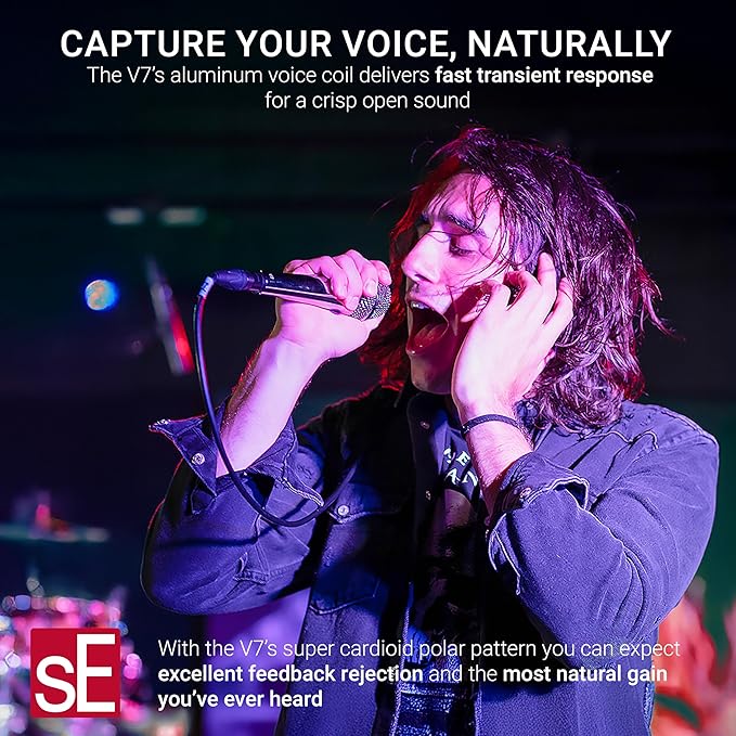 SE ELECTRONICS V7 Dynamic Microphone for Singing, Speech & Studio Recording - XLR Handheld Professional Microphone with Supercardioid Aluminum Voice Coil for Huge Gain Before Feedback - Chrome