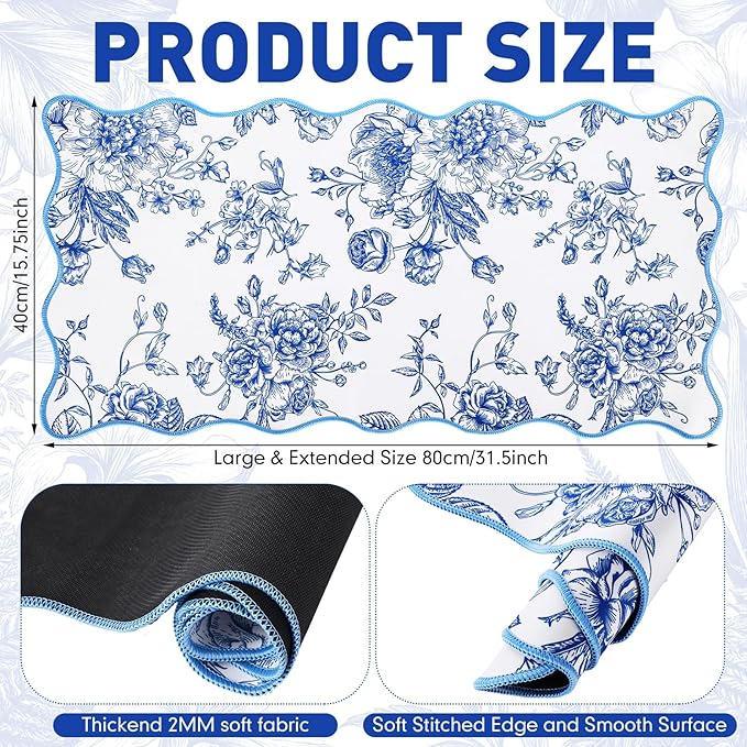 Kingdder Scalloped Desk Mat Large Blue and White Floral Chinoiserie Mouse Pad 31.5" x 15.7" Aesthetic Vintage Nonslip Rubber Base Keyboard Pad for Laptop Computer Dorm Home Office Gaming