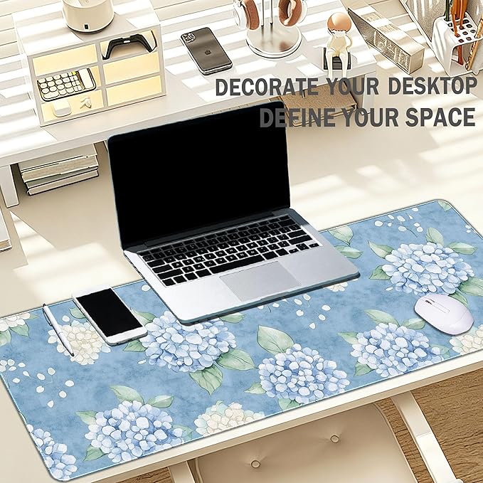Blue Hydrangea Large Mouse Pad, Flroal Blue and White Desk Mat, Spring Summer Decor Mouse Pad for Desk Large Long White Hydrangea Extra Large Desk Pad Decorative for Office Women 31.5x11.8