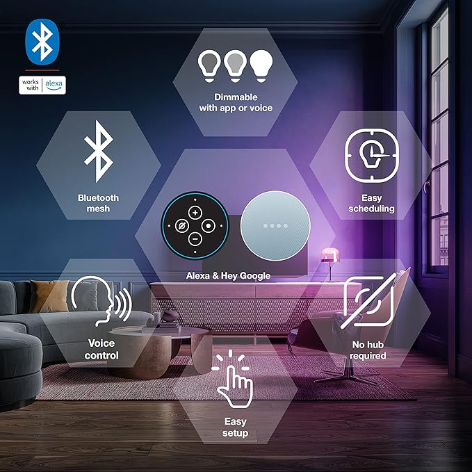 Sylvania Smart Light Bulb, Bluetooth Mesh LED Bulb, Compatible with Alexa & Google Home, A19, 60W Equivalent, E26, RGBW Full Color & Adjustable White [2022 Model] (Pack of 1, 4 Count Total)