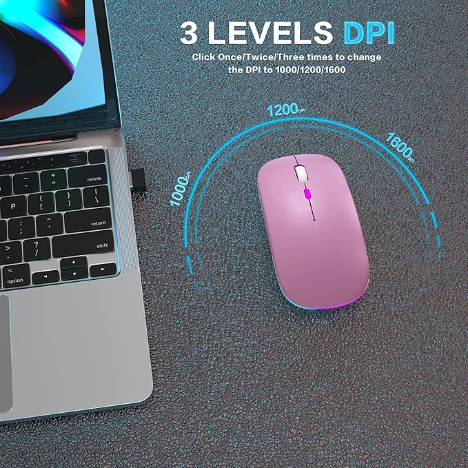 Wireless Bluetooth Mouse Rechargeable Laptop Mice with LED Use Portable(BT5.2 and USB 2.4G) Dual Mode Connection Silent Slim Computer Mouse for Laptop/iPad Tablet/Apple MacBook/PC (Rose Gold)