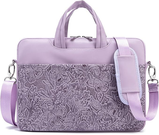 Kinmac Embossed PU Leather 360° Heavy Duty Protective Laptop Sleeve (Purple Flower, 13 inch-14 inch)
