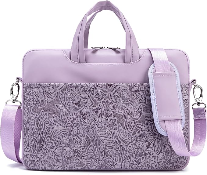 Kinmac Embossed PU Leather 360° Heavy Duty Protective Laptop Sleeve (Purple Flower, 15 inch-16 inch)